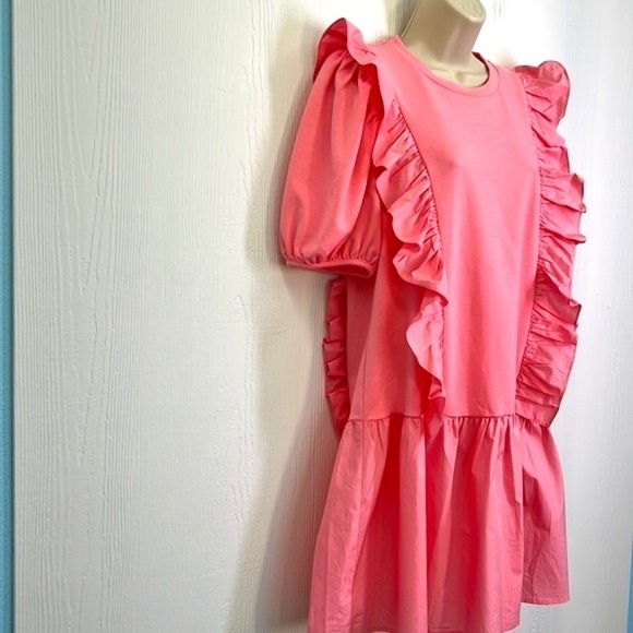 English Factory - Pink Puff Sleeve Ruffle Detail Short Sleeve  Mini Dress Medium - Picture 3 of 12